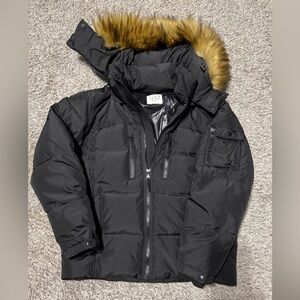 S13 New York Men’s Black Puffer Jacket with Faux Fur Hood